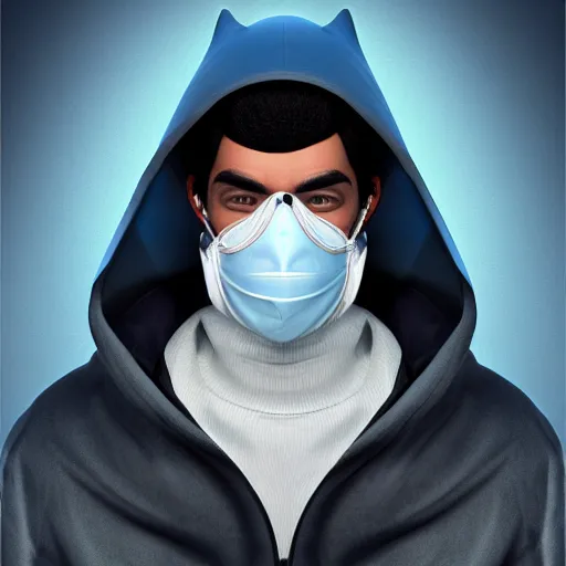 Image similar to a highly detailed, portrait of a man with black hair with a black medical mask, in a hood in the form of a blue shark with white teeth, artstation, DeviantArt, professional, octane render, digital art