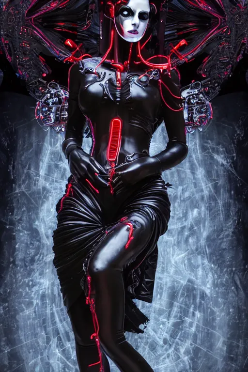 Image similar to full-body cyberpunk style sculpture of a young beautiful dark priestess, half android with a head opening exposing circuitry, glowing red eyes, black roses, flowing blood red colored silk, fabric, candles. baroque elements, human skull. full-length view. baroque element. intricate artwork by caravaggio. crows flying in background. Trending on artstation, octane render, cinematic lighting from the right, hyper realism, octane render, 8k, depth of field, 3D