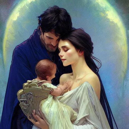 Image similar to great father of the family, his starry cloak, hugging his beautiful wife, and little glowing baby in her arms. beautiful painting by artgerm and greg rutkowski and alphonse mucha