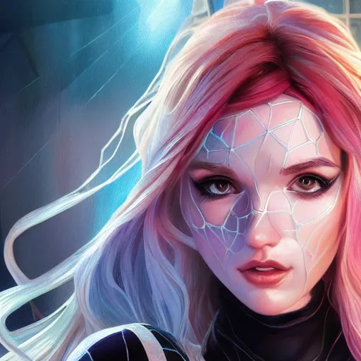 Image similar to ultra realistic illustration, bella thorne as spidergwen anime, intricate, elegant, highly detailed, digital painting, artstation, concept art, smooth, sharp focus, illustration, art by artgerm and greg rutkowski and alphonse mucha and wlop
