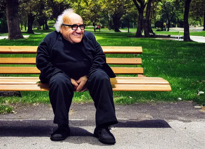 photo of sad danny devito sitting on a park bench | Stable Diffusion