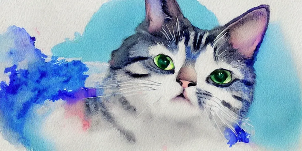 Image similar to watercolor illustration style, cute! cats! with blue wings!!