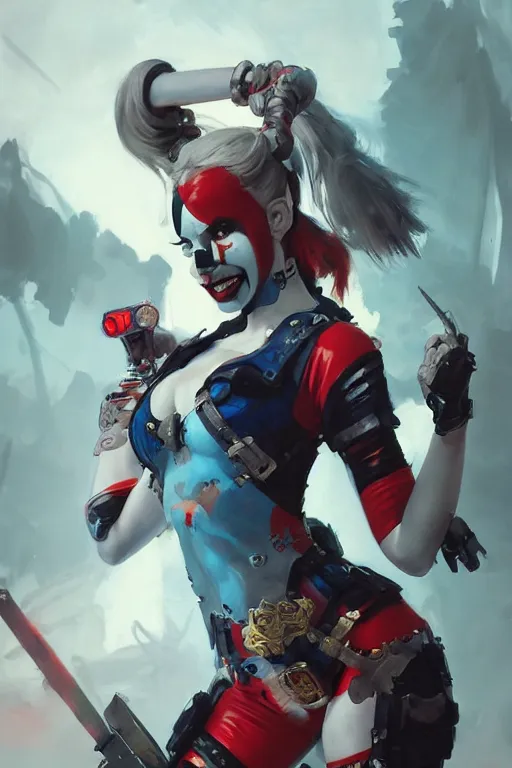 Image similar to Harley Quinn in bikini armor, dc comics, cyberpunk, Warhammer 40000, digital art from artstation by Ruan Jia and Mandy Jurgens and Artgerm and william-adolphe bouguereau