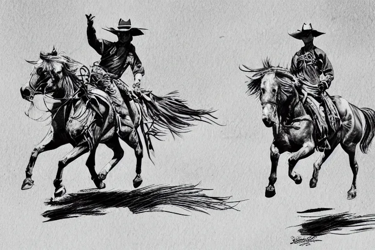 Prompt: Cowboy on a horse at a full gallop in the SW desert, beautiful line art, ink illustration, sketch, pure b&w