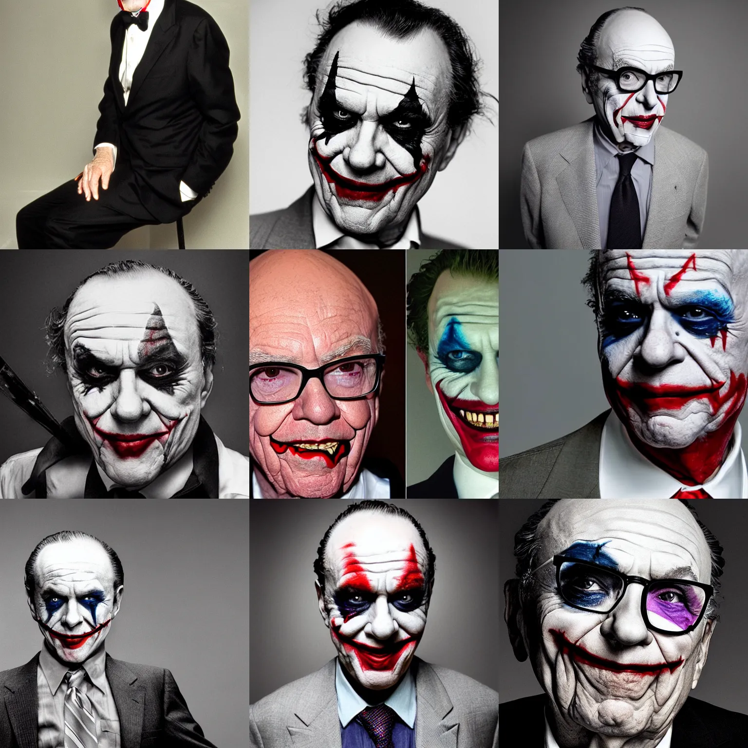 Prompt: Rupert Murdoch as Heath Ledger\'s joker, Rupert Murdoch, joker makeup, portrait photography