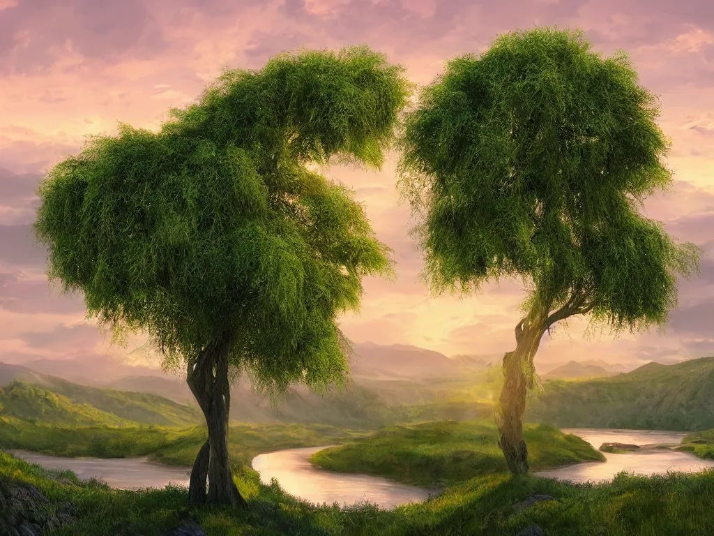 colorful willow trees spring landscape magical realism, Stable Diffusion