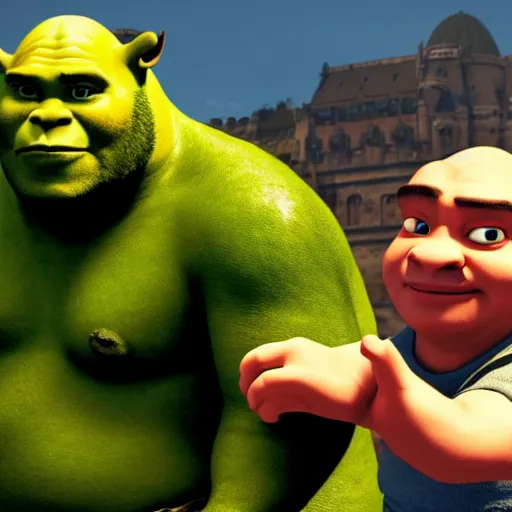 Image similar to keanu reeves fighting muscular shrek, highly detailed, high quality, hd, 4 k, 8 k, canon 3 0 0 mm, professional photographer, 4 0 mp, lifelike, top - rated, award winning, realistic, sharp, no blur, edited, corrected, trending