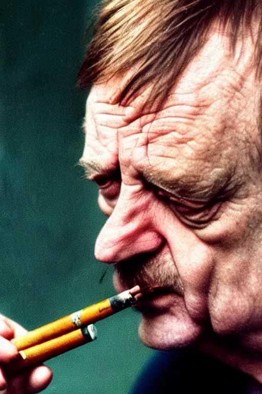 Image similar to highly detailed full colour photo of Mark E Smith, smoking a cigarette