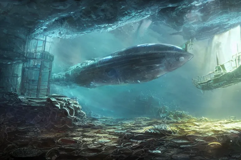 Prompt: an epic landscape view of a submersible with a shining headlight exploring the ruins of underwater manhattan, with seaweed, fish, painted by tyler edlin, wide angle, atmospheric, volumetric lighting, cinematic, very realistic, sharp, highly detailed digital art