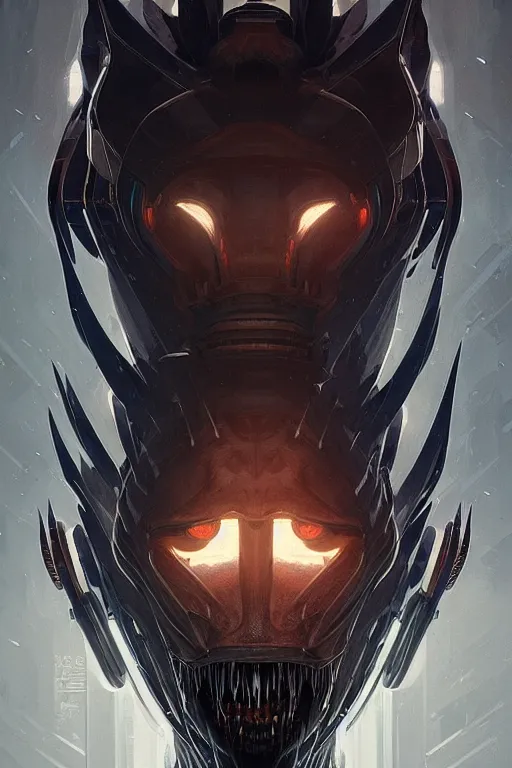 Image similar to professional concept art symmetrical portrait of a horrendous mechanical predatory species in a dark room by artgerm and greg rutkowski. an intricate, elegant, highly detailed digital painting, concept art, smooth, sharp focus, illustration, in the style of cam sykes.