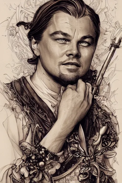 Prompt: Leonardo DiCaprio as a jester, detailed full body portrait by james gurney and artgerm and Mucha, amazing detail, intricate, stunning inking lines, 4K, character design, concept art