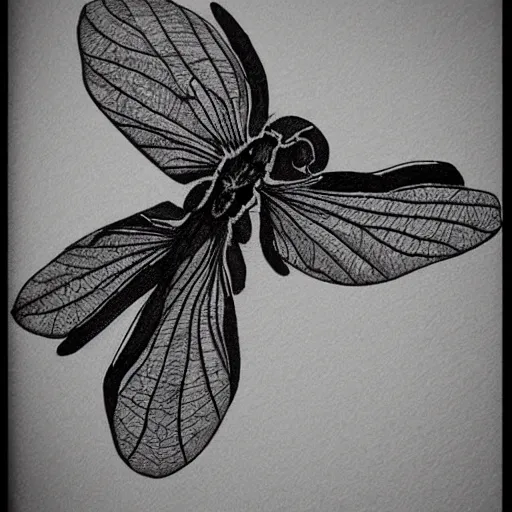 Image similar to house fly, black and white, botanical illustration, black ink on white paper, bold lines