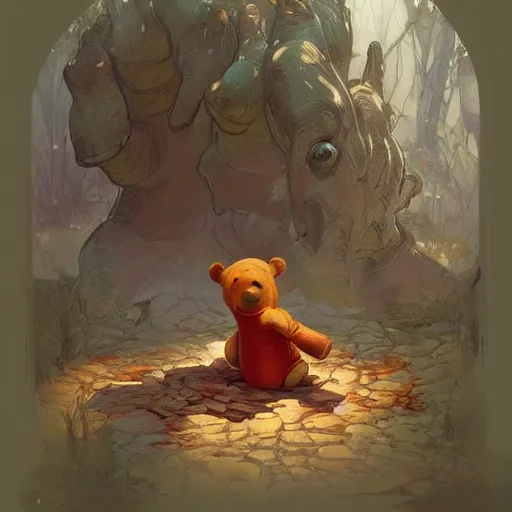 Image similar to Winnie the Pooh vomiting blood, highly detailed, digital painting, artstation, concept art, sharp focus, illustration, art by artgerm and greg rutkowski and alphonse mucha,