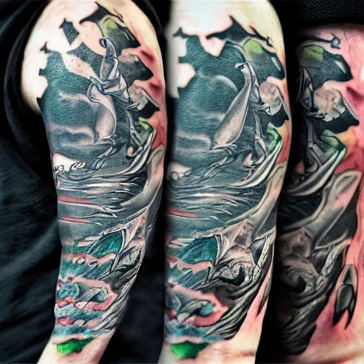 Prompt: tattoo on a man's arm of a dolphin dragon hybrid, hdr studio photography