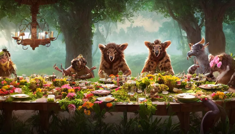 Image similar to a table dinner of exotic animals where animals are dressed like the characters from the midsommar movie wearing flowers, realistic detailed digital art by maxwell boas jessica rossier christian dimitrov anton fadeev trending on artstation cgsociety rendered in unreal engine 4 k hq