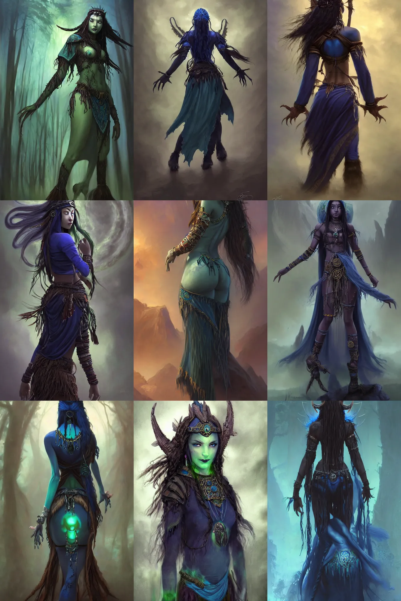 Prompt: Beautiful Young Female Shaman, shamanistic dark blue clothes, covered!, metal garments, dark brown skin, green supernatural eyes, back view, full body, extremely detailed!, high fantasy, matte painting, warcraft, by Rossdraws, James Jean, gerald brom, Andrey Ryabovichev, Mark Simonetti and Peter Morbacher, trending in artstation, artstationHD, artstationHQ, cgsociety, octane, 16K HD