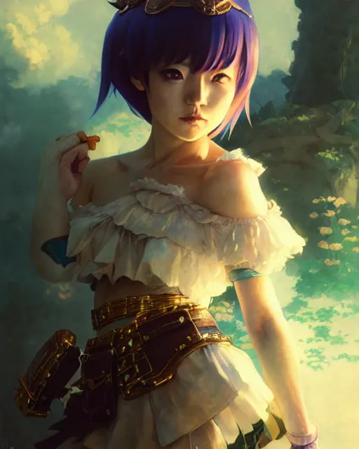 Image similar to mirei kiritani as anime girl, mushroom kingdom, fantasy character portrait, concept art, interesting angle, intricate details, highly detailed by greg rutkowski, gaston bussiere, craig mullins, simon bisley