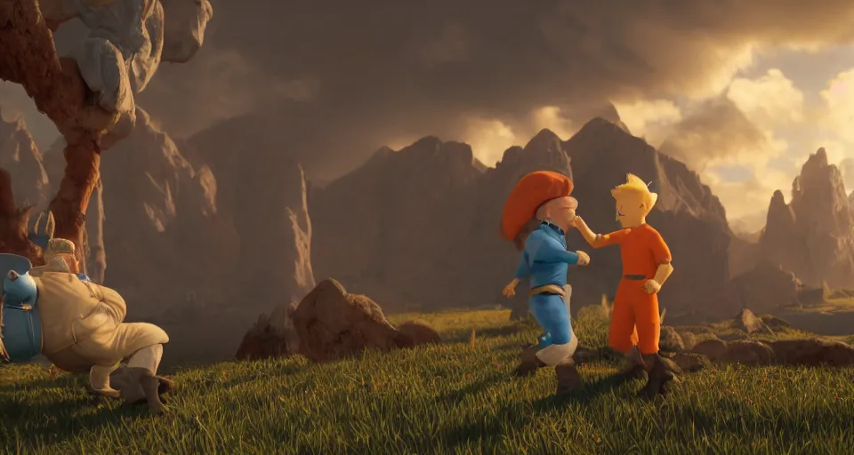 Prompt: An epic fantasy style painting of tintin meeting a famous person , unreal 5, DAZ, hyperrealistic, octane render, volumetric clouds dynamic lighting