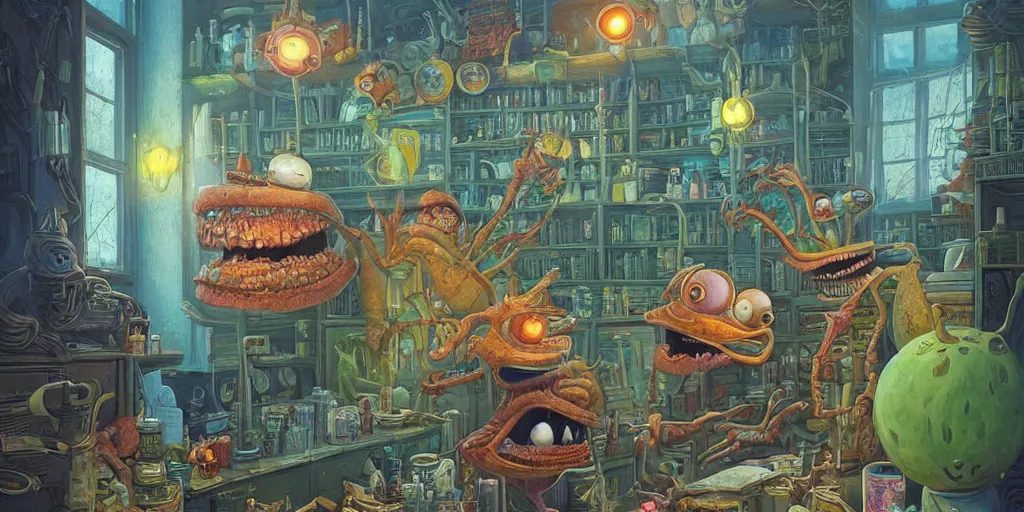 Prompt: a beautiful and highly detailed painting of an aaahh!!! Real Monsters pharmacist in an aaahh!!! Real Monsters apothecary by James Gurney and beeple | Unreal Engine: .4 | establishing shot | graphic novel, illustration: .5 | Tim White: .2