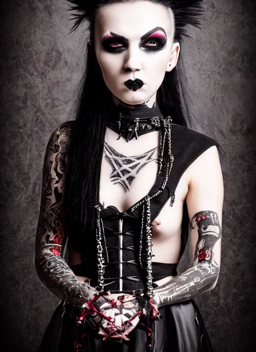 Image similar to a beautiful portrait of a beautiful goth beautiful girl with piercings in a collar with a mohawk hairstyle in a medieval dress, ankh, spider, bat, pentagram, witch, true goth, makeup. behance hd, oliver mark, global illumination, detailed and intricate environment