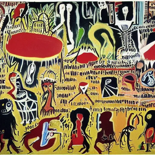 Image similar to garden of earthly delights painted by basquiat