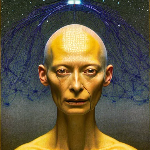 Image similar to Woman masterpiece, Tilda Swinton, bald, multiple halos, blood dripping down the head, yellow, galaxies in the background, golden halo behind her head, wires everywhere, by Edgar Maxence and Ross Tran, Zdzisław Beksiński, and Michael Whelan, gustav dore, H.R. Giger, 8k, octane render