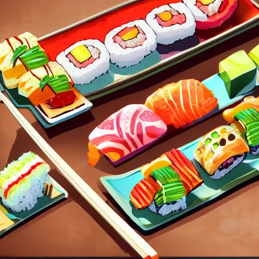 Image similar to illustration of tasty colorful sushi, in traditional japan style, by makoto shinkai and takashi takeuchi