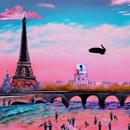 Prompt: a beautiful painting of a whale flying over Paris, Vaporwave