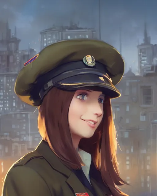 Prompt: young woman with shoulder length light brown hair and hazel eyes dressed in a sharp dark teal military uniform and beret, smiling, blurred city background in twilight lighting, ilya kuvshinov, anime, greg rutkowski, guweiz, ross tran, svetlana tigai, artgerm, concept art, digital painting, painterly