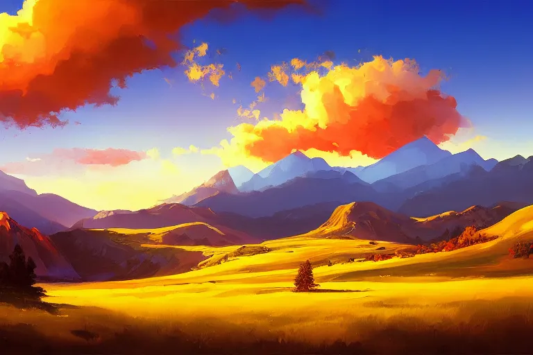 Image similar to a beautiful nature landscape with clouds, mountains, in background, sunset, by rhads