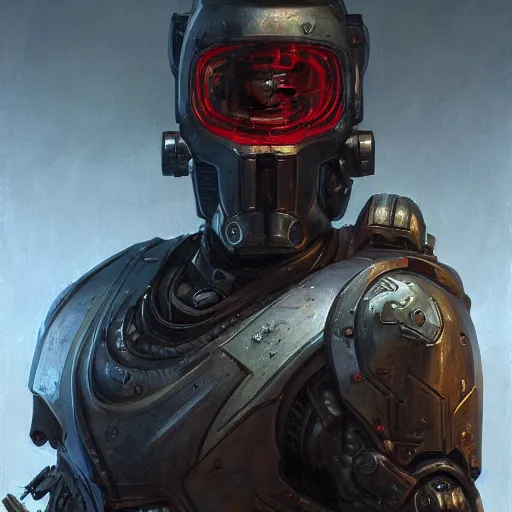 Image similar to the doomslayer as a realistic scifi cyberpunk knight, closeup portrait art by donato giancola and greg rutkowski, vintage retro scifi, realistic face, digital art, trending on artstation, symmetry!!!