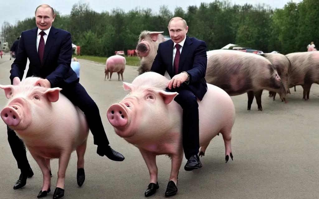 Prompt: vladimir putin rides on pig with face of alexander lukashenka