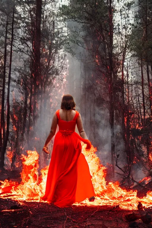 Prompt: the queen of fire wearing an orange and red beautiful dress walking on a burning forest, beautiful angle, aesthetic