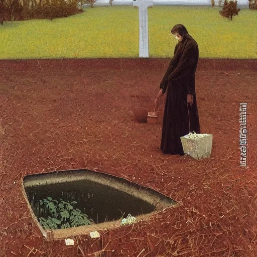 Image similar to by horace pippin, by serge marshennikov threatening. the computer art shows a grave that has been flooded with water. the grave is located in a cemetery in italy. the water in the grave is dirty & there is trash floating in it. the grave is surrounded by a fence.