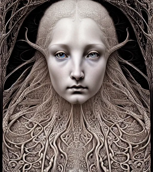 Image similar to detailed realistic beautiful snow goddess face portrait by jean delville, gustave dore, iris van herpen and marco mazzoni, art forms of nature by ernst haeckel, art nouveau, symbolist, visionary, gothic, neo - gothic, pre - raphaelite, fractal lace, intricate alien botanicals, ai biodiversity, surreality, hyperdetailed ultrasharp octane render