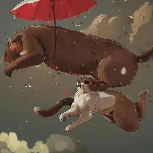 Image similar to giant cats and dogs are falling from the sky like rain, bystanders watching from the sides, 4 k, by miyazaki, monokubo, artstation,