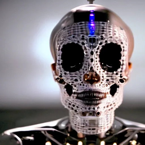 Prompt: humanoid robot from ex machina, glass skull, transparent skull, see - through skull, gears and lights in the skull, cinematography by stanley kubrick, intricate, elegant, symmetry