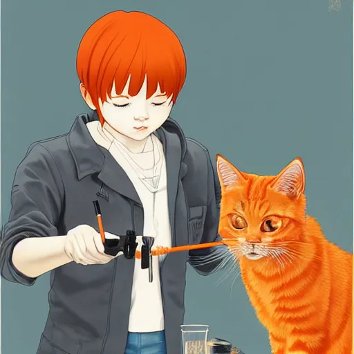 Image similar to an orange tabby cat starting at a syringe at the vet by ilya kuvshinov katsuhiro otomo