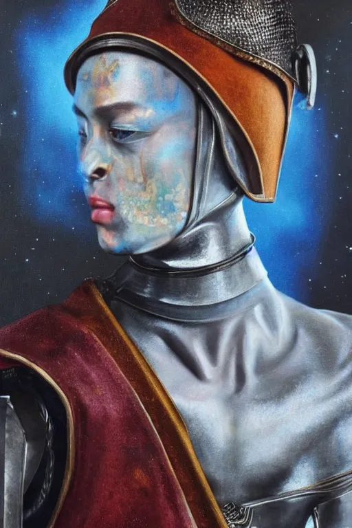 Image similar to hyperrealism oil painting, close - up portrait of caucasian medieval fashion model, knight, steel gradient mixed with nebula sky, in style of baroque mixed with 7 0 s japan book art