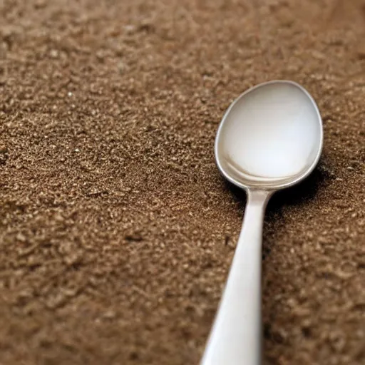 Image similar to a fork made of sand, realistic, ultra high detail, the fork is on a plate, the plate is on a wooden table.