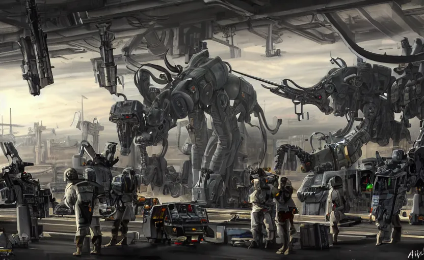 Image similar to epic scenic shot, highly detailed weapons laboratory, clean and organized, quantum technology, bright lights, warehouse with giant mecha dragon parts, with anthropomorphic furry researchers in military uniforms, carrying guns, tables, parts, gun scraps, windows, sci fi, Extremely detailed digital art, furry art, furaffinity, DeviantArt, HD artstation