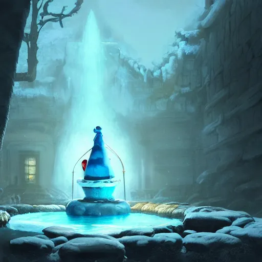 Image similar to papa smurf drinking from the fountain of knowledge in a midwinter night dream, dramatic lighting, cinematic, establishing shot, extremely high detail, photo realistic, cinematic lighting, post processed, concept art, artstation, matte painting, style by eddie mendoza, raphael lacoste, alex ross