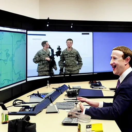 Prompt: laughing mark Zuckerberg at a busy military situation room with giant monitors. Cross hairs and military vision are on the screens.