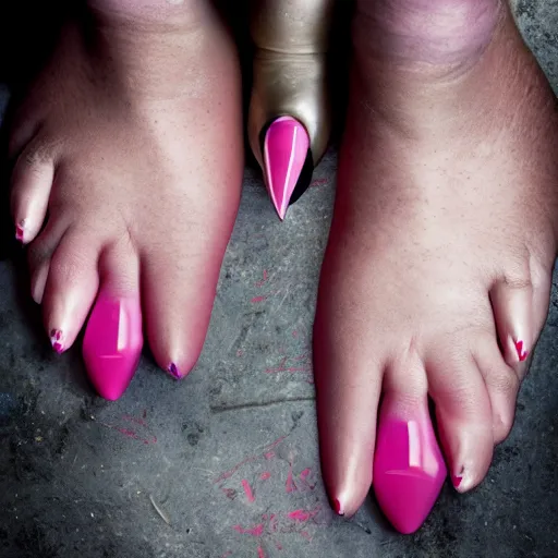 Image similar to obese man with long pink stiletto nails, 4 k, 8 k, shot by jimmy nelson