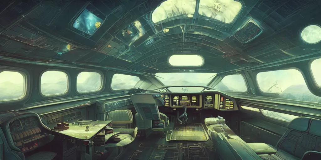 Image similar to highly detailed interior of a retro spaceship with large windows, stephen bliss, unreal engine, greg rutkowski, ilya kuvshinov, ross draws, hyung tae and frank frazetta, tom bagshaw, tom whalen, nicoletta ceccoli, mark ryden, earl norem, global illumination, god rays, detailed and intricate environment