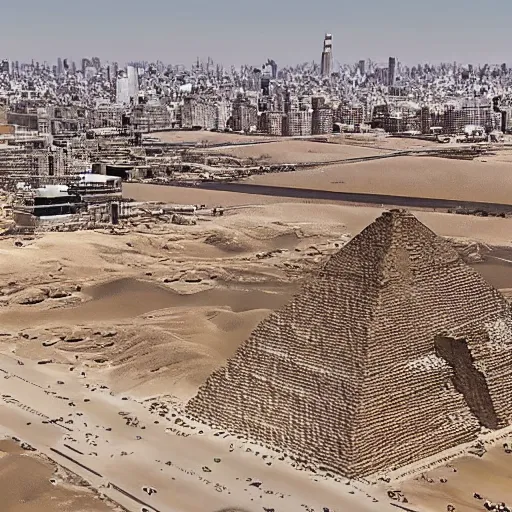 Prompt: egyptian pyramids in manhattan drone footage shot on arri alexa flat light high detail