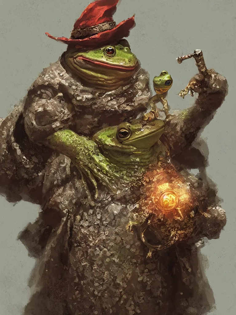 Image similar to Portrait of a medieval humanoid frog dressed like a wizard and carrying magic trinkets, painted by Craig Mullins, trending on ArtStation