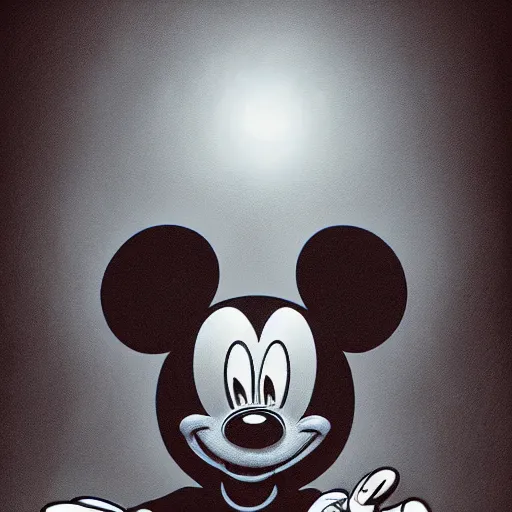 Prompt: mickey mouse shying away, idly and [ visibly afraid ]!!!, [ horror game ], [ digital art ]!!, dark fantasy art style, 4 k quality