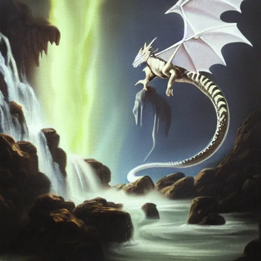 Image similar to oil painting of a dragon flying in the air near a cave with a waterfall in the center, light emanating from the waterfall leading to a big pool of water, dragon has black and white siberian tiger stripes, elegant, sharp focus, wide shot, clear, detailed, early renaissance