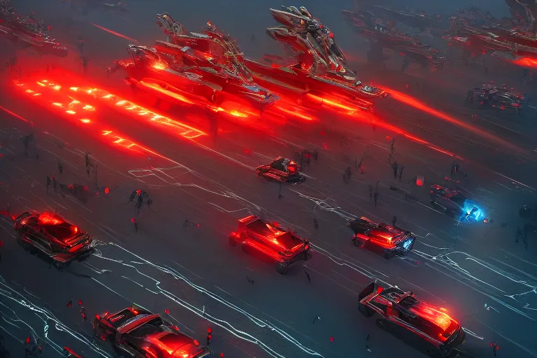 Image similar to a convoy of programmers are marching to chinese palace, big red dragon flying above them, dark atmosphere, light above palace, digital art, trending on artstation